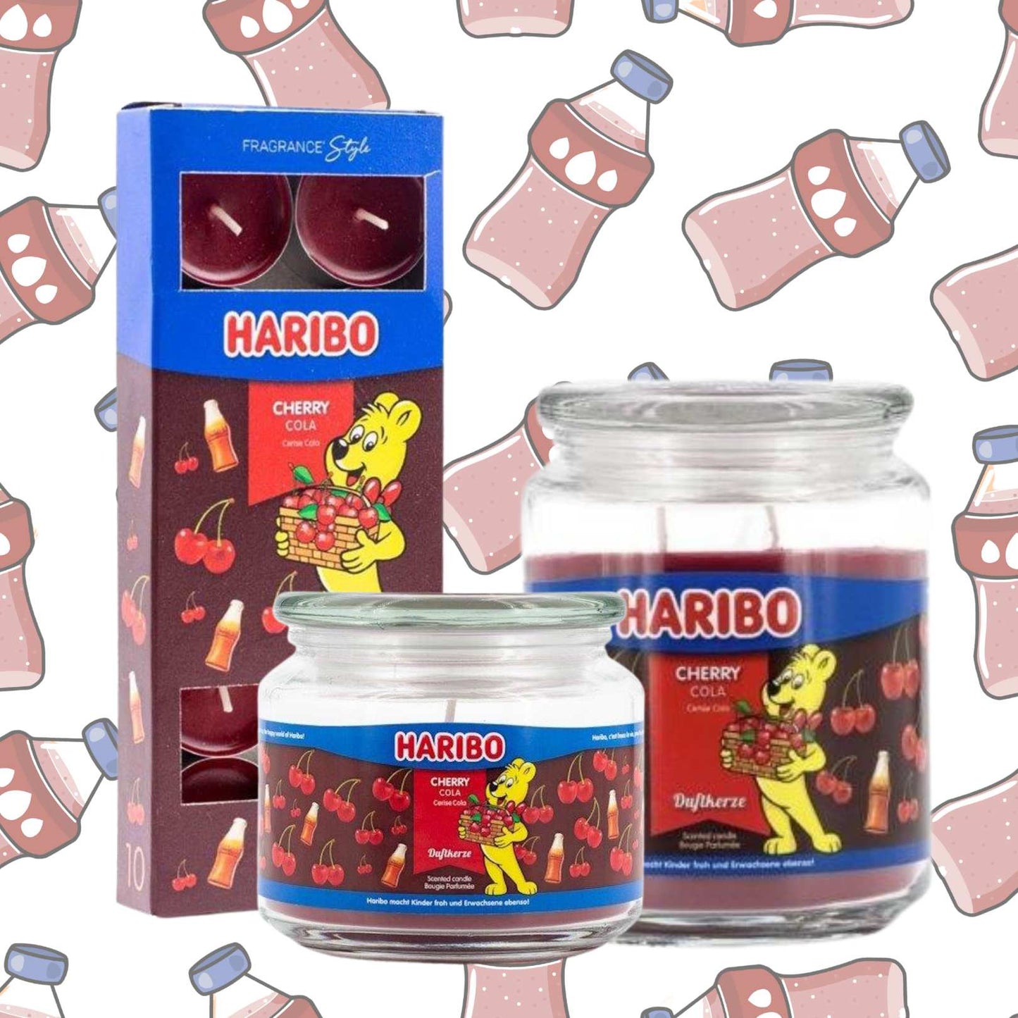 Haribo cherry cola candles with packaging on a coca cola patterned background
