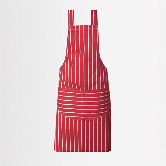 100% cotton, striped red and white chefs apron on white background.