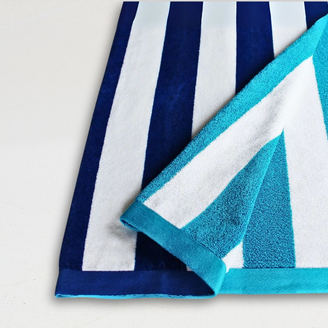 Blue Candy Velour Beach Towel - 100% Cotton | Blue Stripe