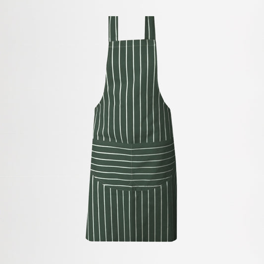 Green apron with white stripes on a light gray background