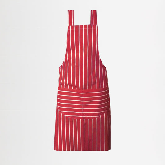 Red apron with white stripes on a light gray background