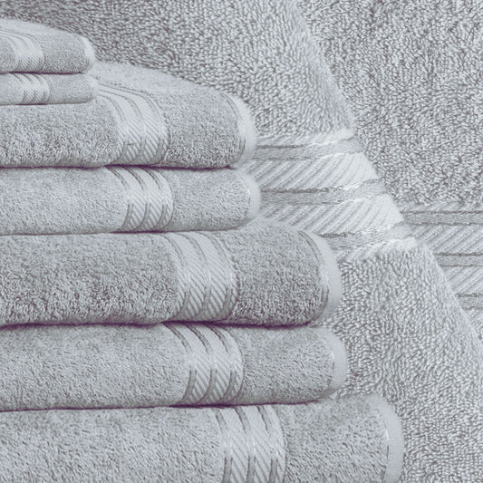 Stack of grey bathroom towels made from fine combed cotton and 500gsm pile