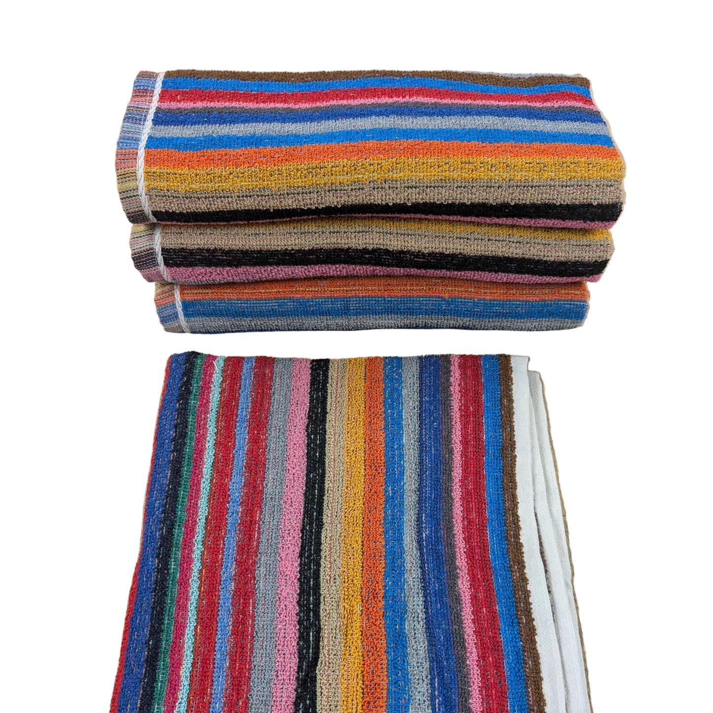 Multicolored striped rug on a wooden floor