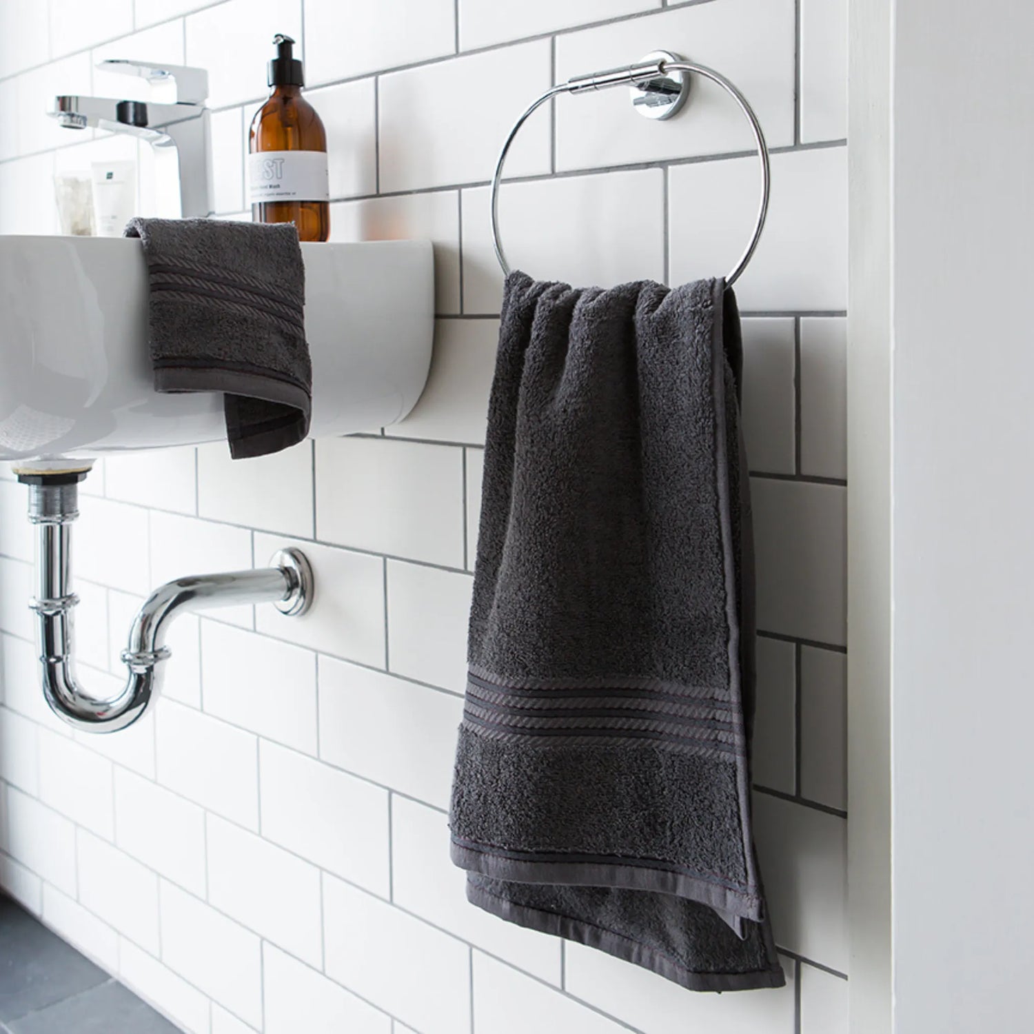 bathroom displaying charcoal cotton hand towel 