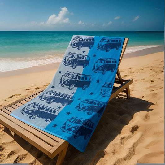 Blue Velour Beach Towel - 100% Cotton | Camper Van
