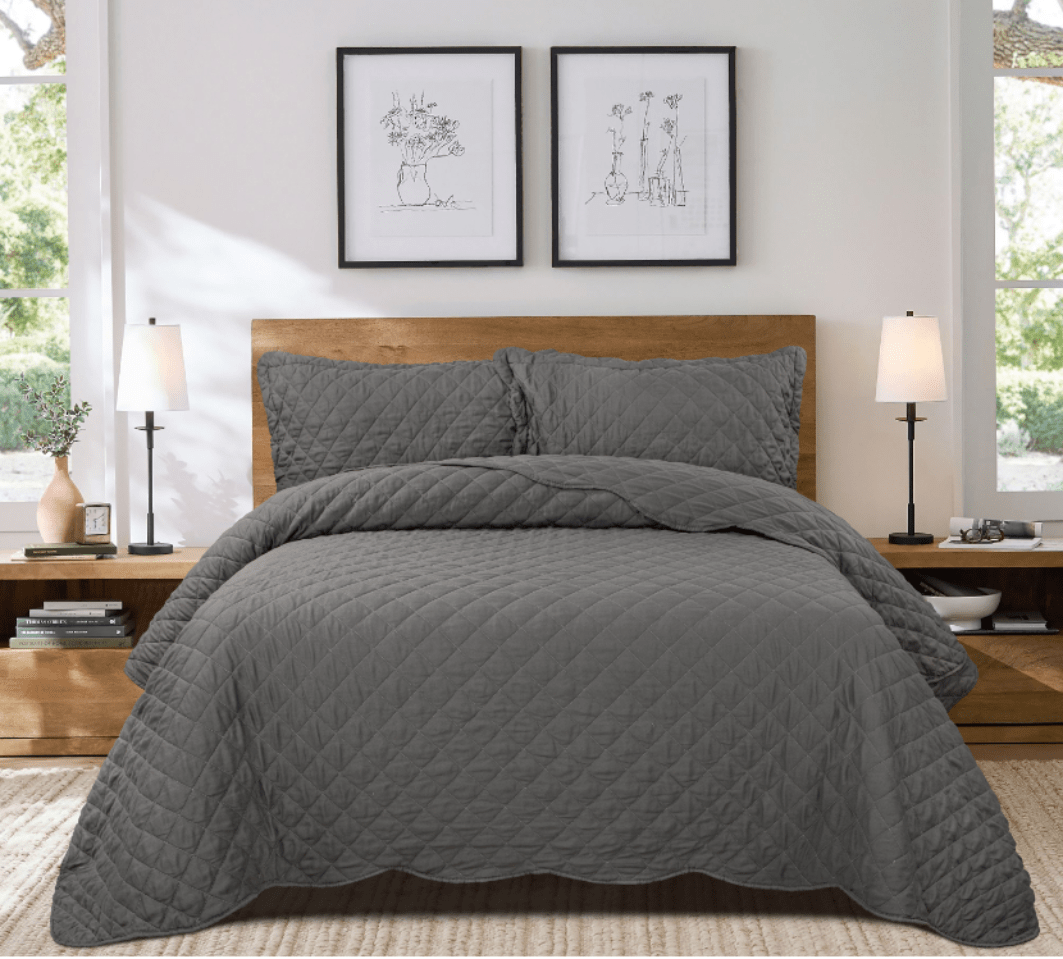 Alana Charcoal - Quilted Bedspread - Single - Double - King Bed - restmor.co.uk - colour