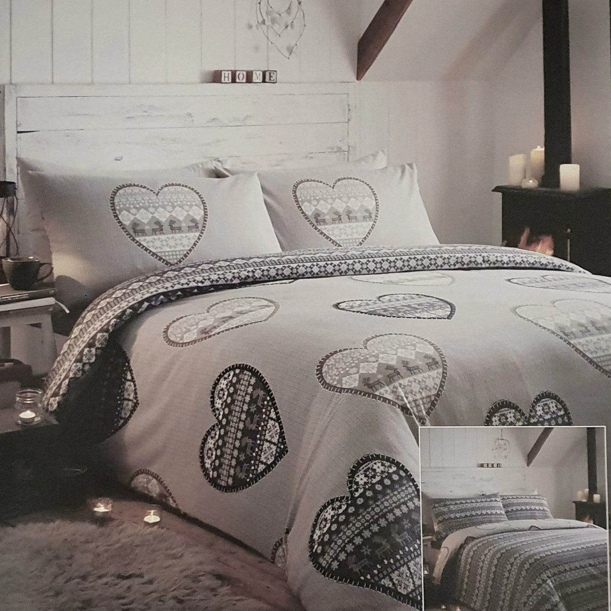 boden brushed cotton single bed duvet cover set. grey with deers and hearts pattern. reversible pattern. warehouse clearance