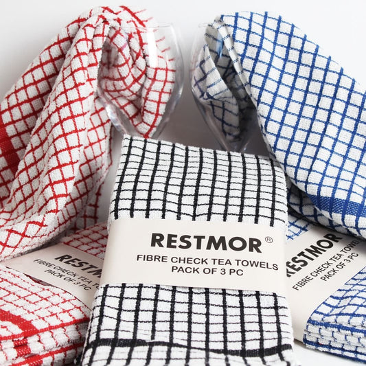 Pack of budget-friendly Restmor fibre check tea towels in red, white, and blue patterns.