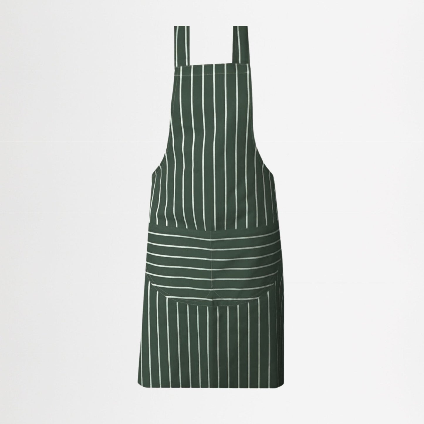 100% cotton, striped green and white stylish chefs apron on white background.