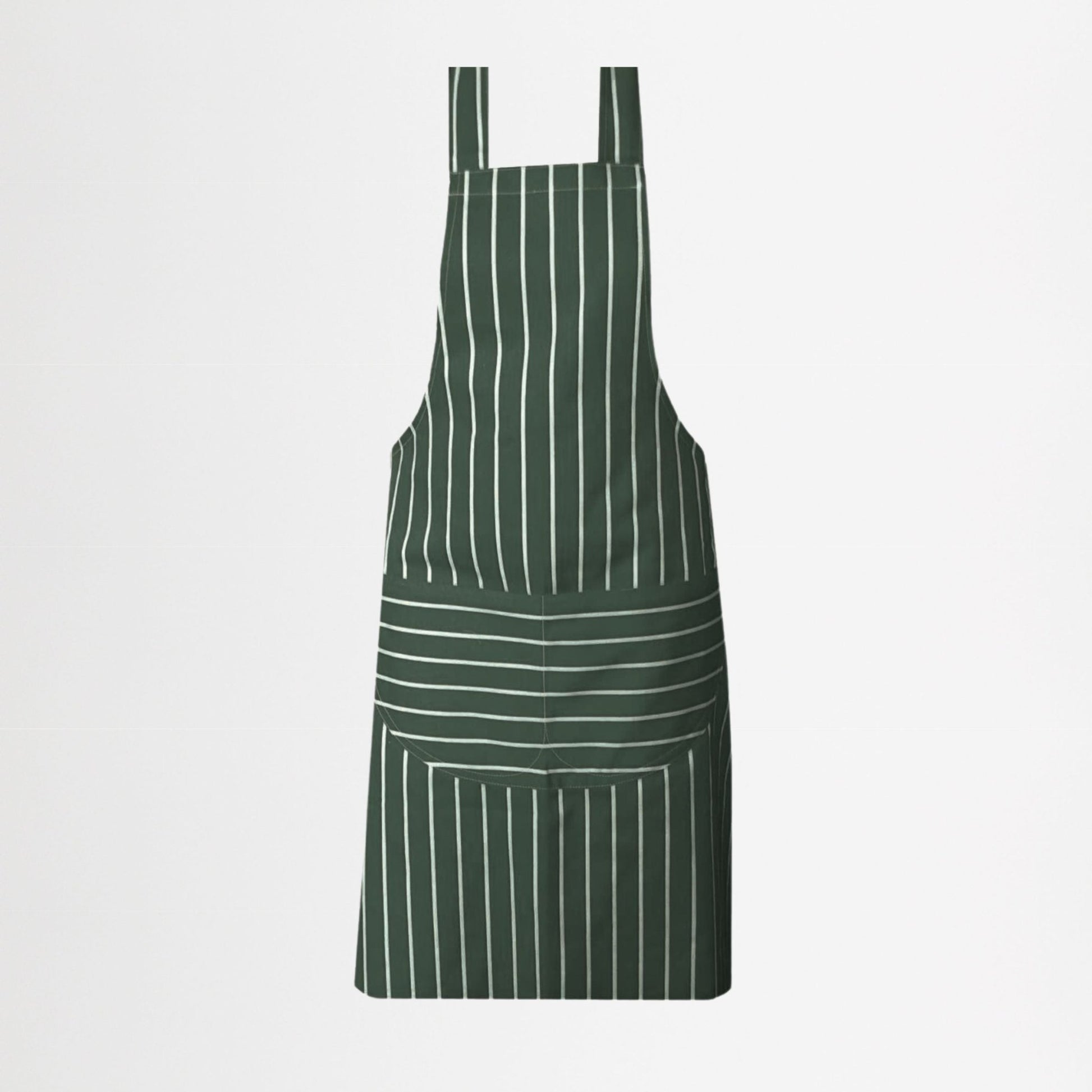 100% cotton, striped green and white stylish chefs apron on white background.