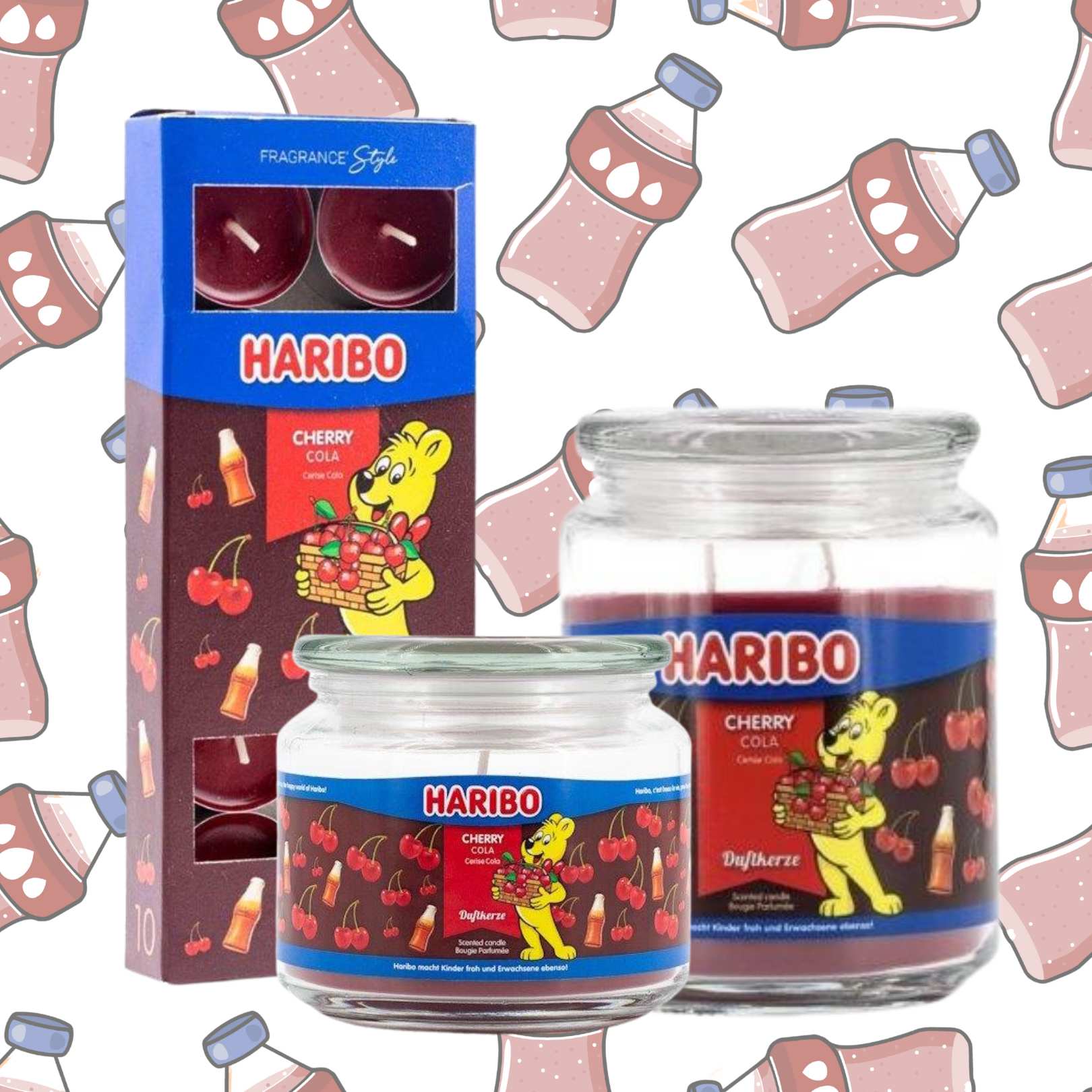 Haribo cherry cola candles with packaging on a coca cola patterned background