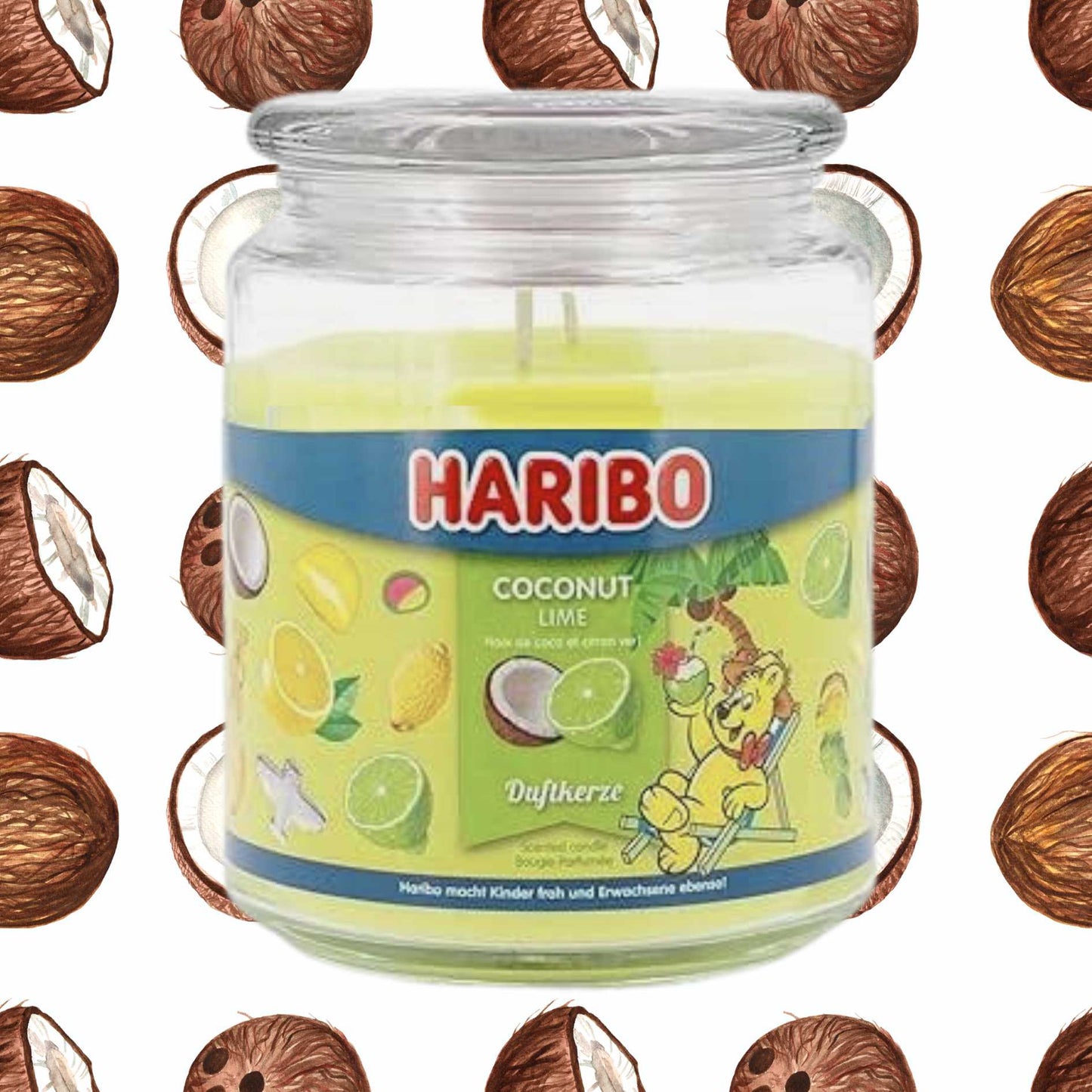 Haribo coconut lime candle in a glass jar with coconut illustrations on a white background