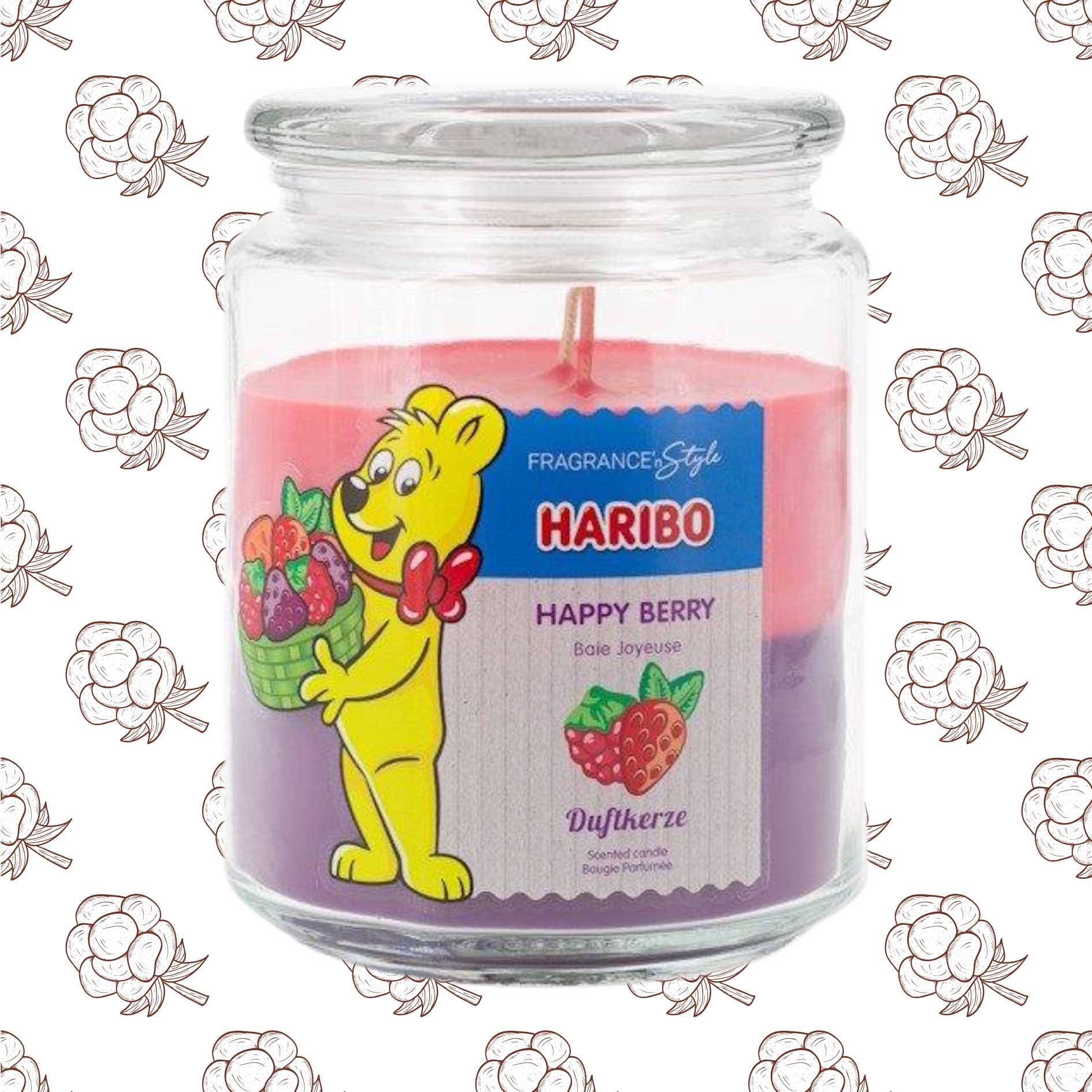 Jar candle with Haribo Happy Berry label on a blackberry patterned background