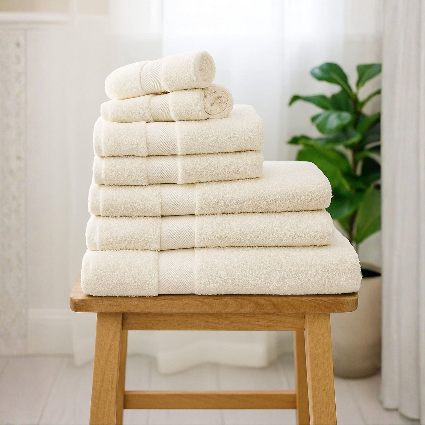 Stack of thick luxury bathroom towels in ivory made from fine combed cotton and 600 GSM in white bathroom setting.