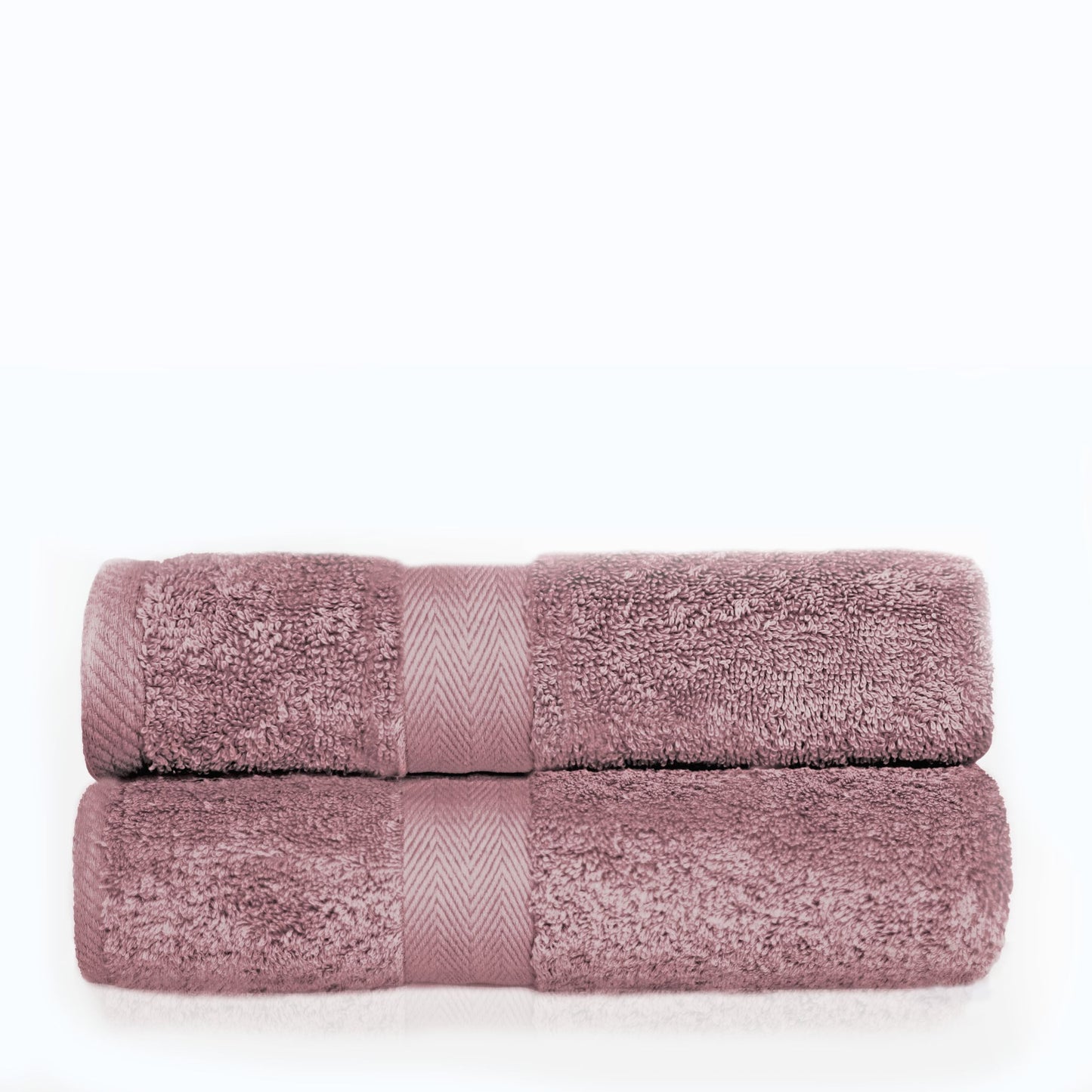 Two mauve luxury bathroom towels with a satin border on a white background