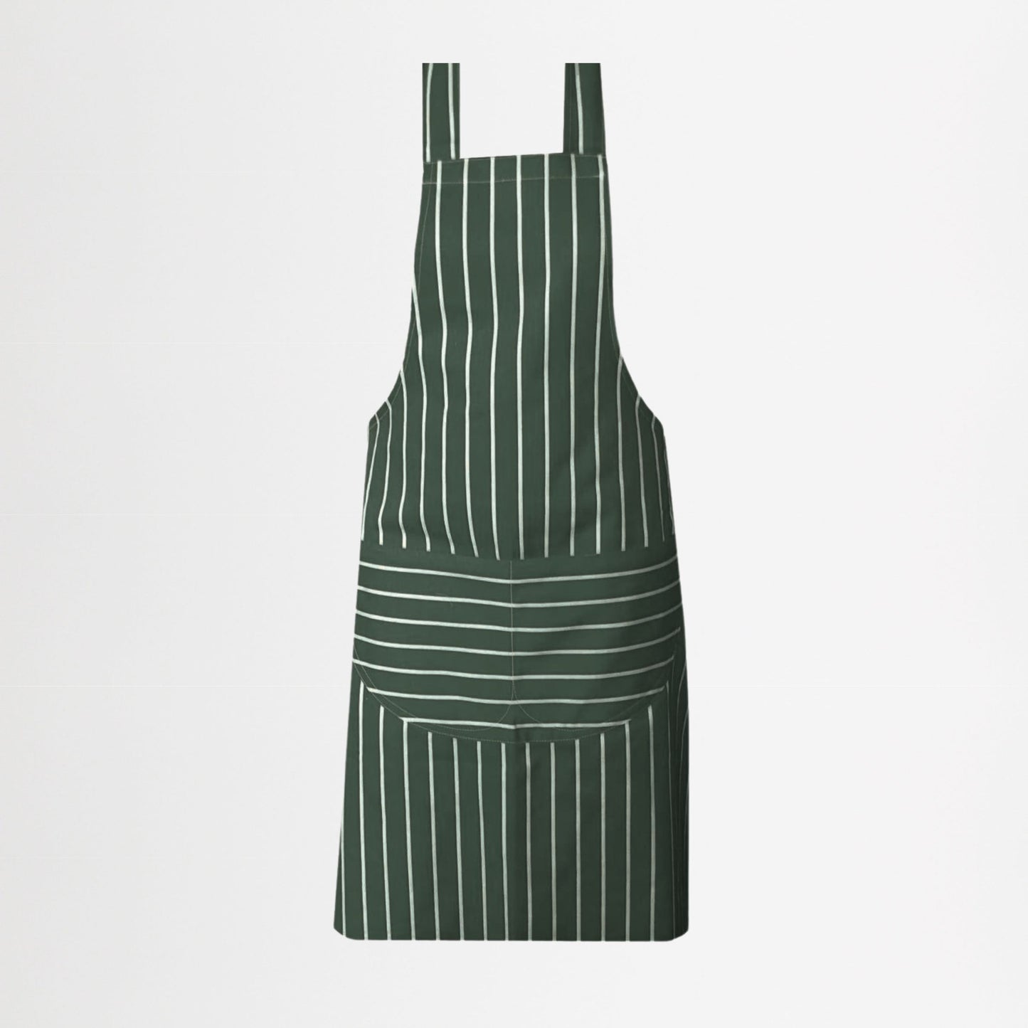 Green apron with white stripes on a light gray background