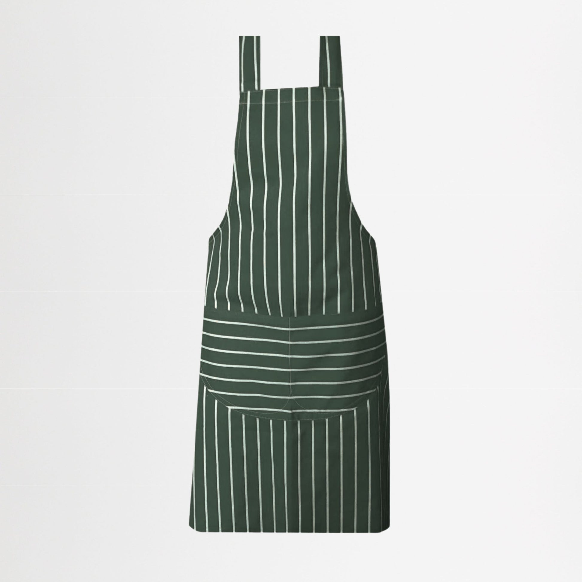 Green apron with white stripes on a light gray background
