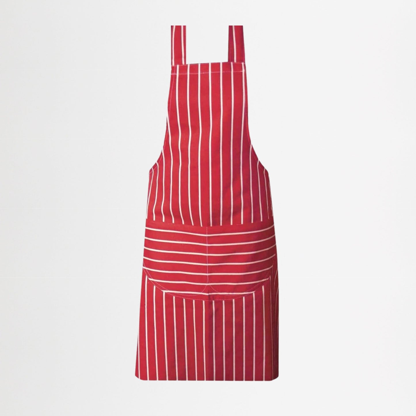 Red apron with white stripes on a light gray background