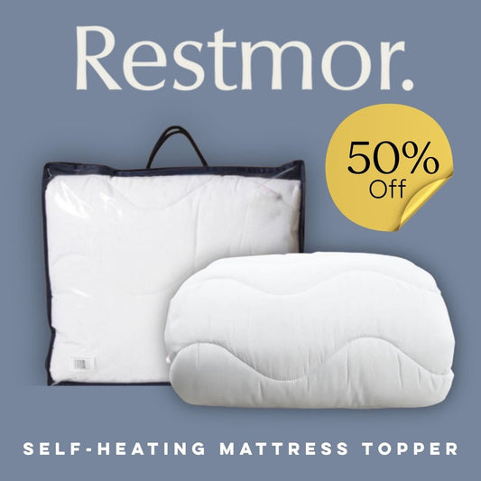 Self-heating mattress topper with packaging and '50% Off' sticker on a blue background, featuring the brand 'Restmor'.