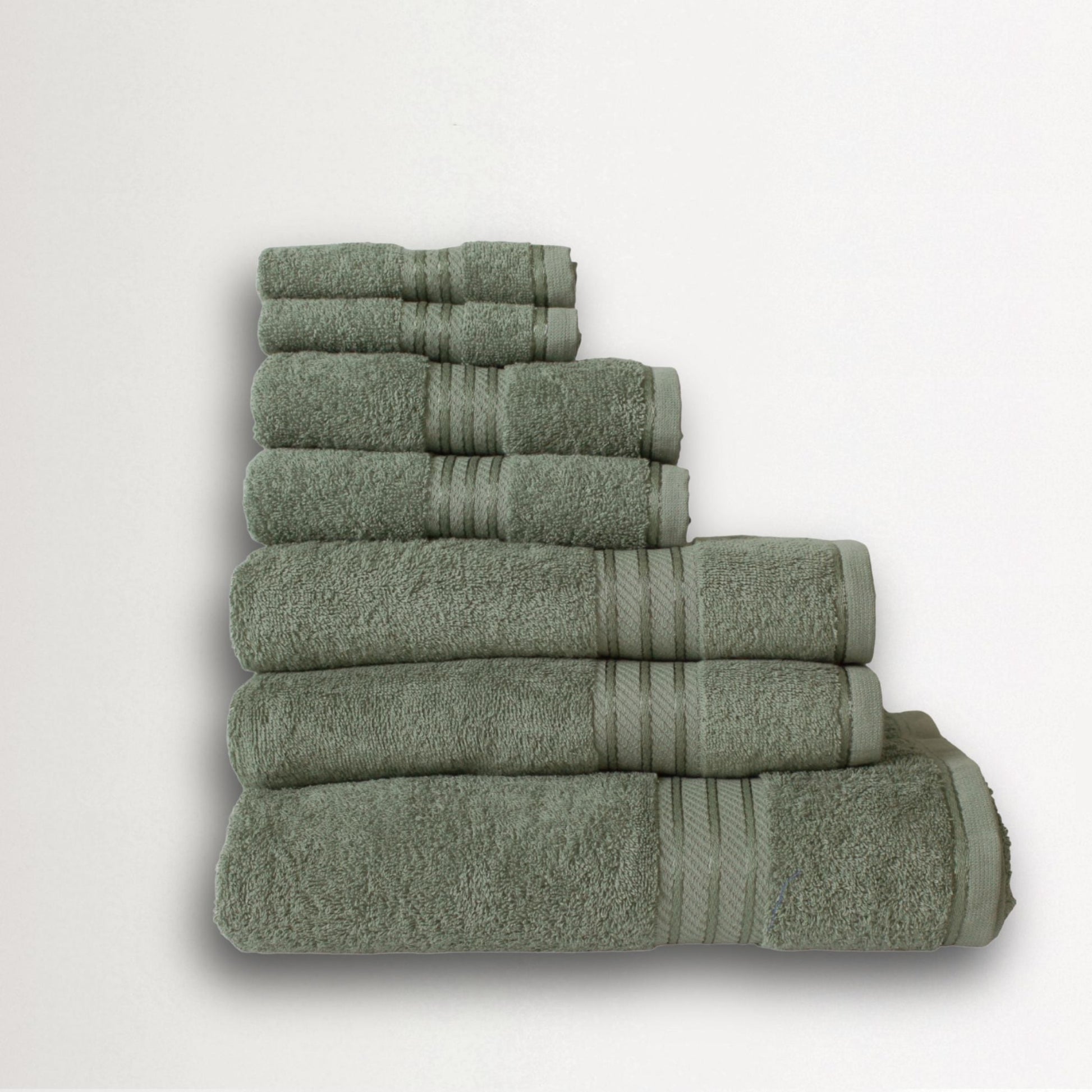 Sage Green 500 gsm bathroom towel set made from combed cotton on white cotton