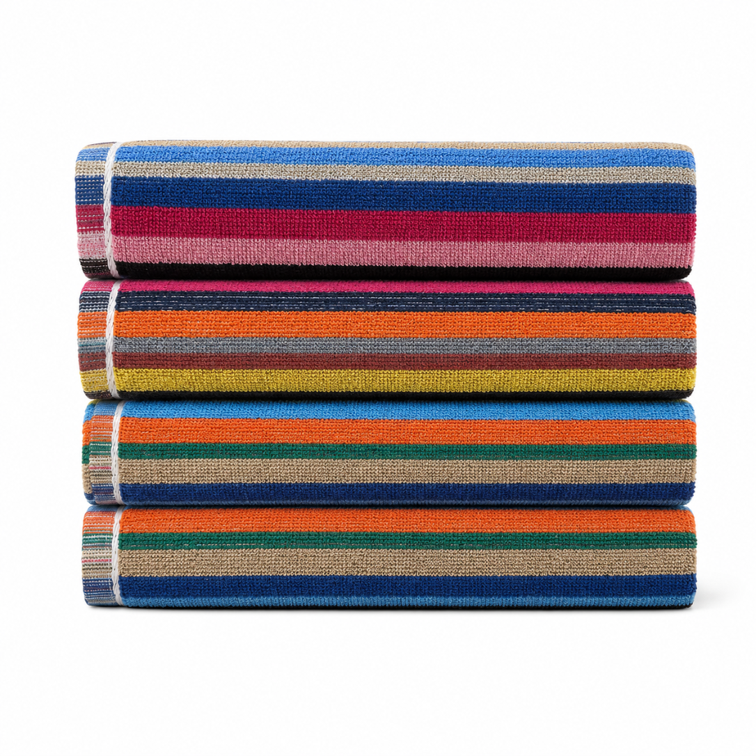 Four folded striped towels stacked vertically on a white background. The towels feature horizontal stripes in blue, red, pink, beige, yellow, orange, green, and brown.