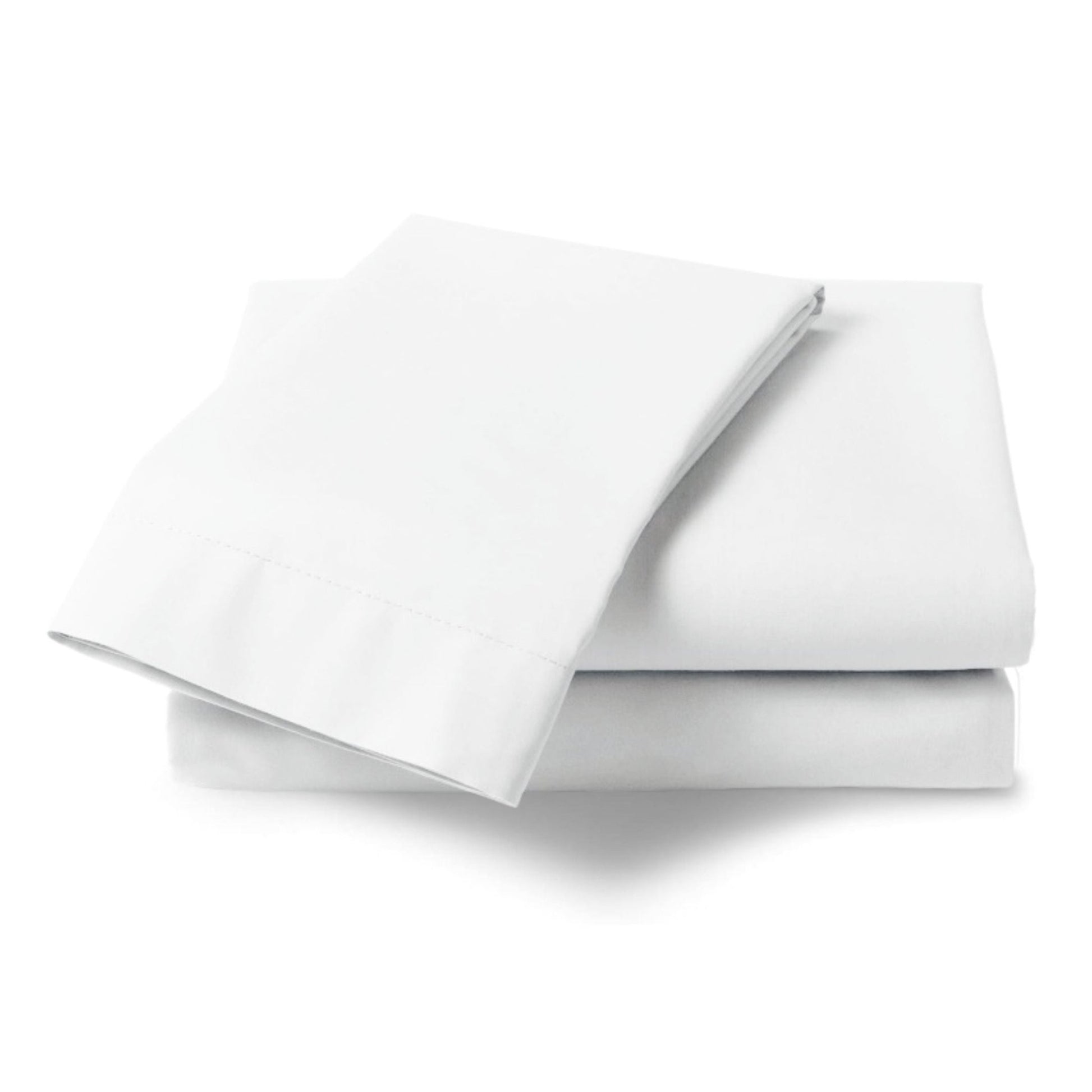 Crisp white percale pillowcase pair made from polycotton blend against a white background