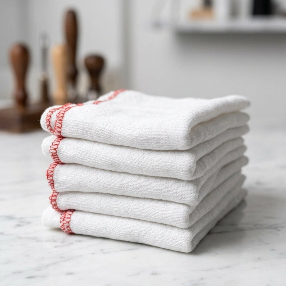 A stack of folded white cotton towels with red stitched edges sits on a white marble surface. wholesale dish cloths