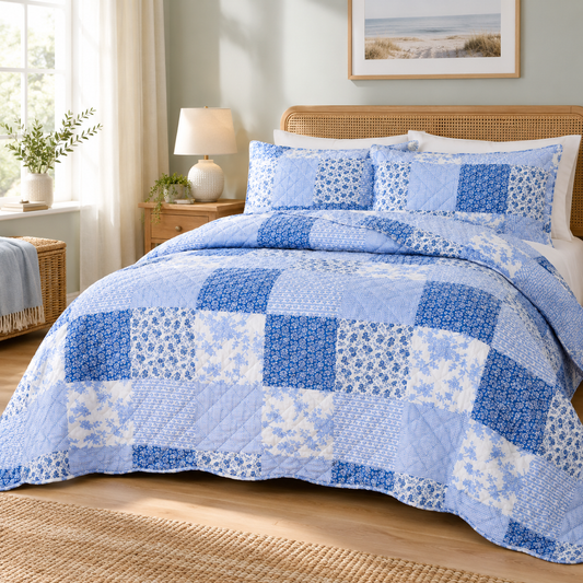 Yalima Blue - Quilted Bedspread - Single - Double - King Bed